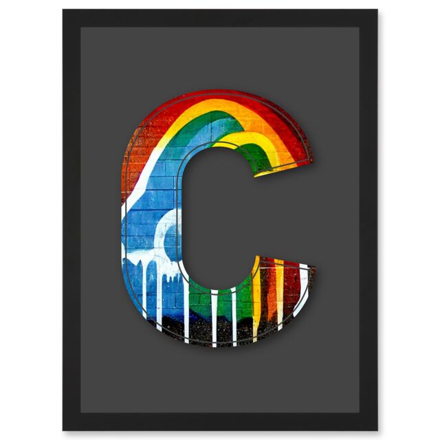 Artery8 Letter C Rainbow Red Yellow Blue Green Decorative Graffiti Mural Alphabet Initial Stencil Artwork Framed Wall Art Print A4 in Black - image 1