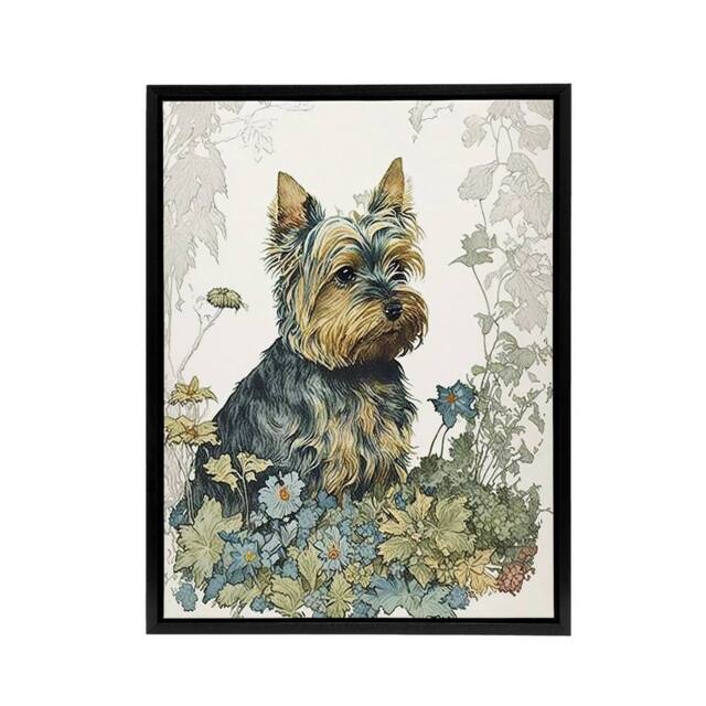 "Artery8 Yorkshire Terrier Dog In Wildflowers Framed Canvas Wall Art Print - Size: W12"" x H16""" - image 1