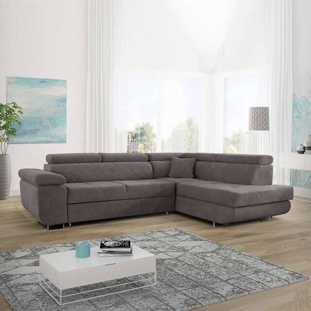 Sliding Wardrobes 4U Modern Plush Velvet Corner Sofa Convertible to Bed - Right Corner in Grey - image 1