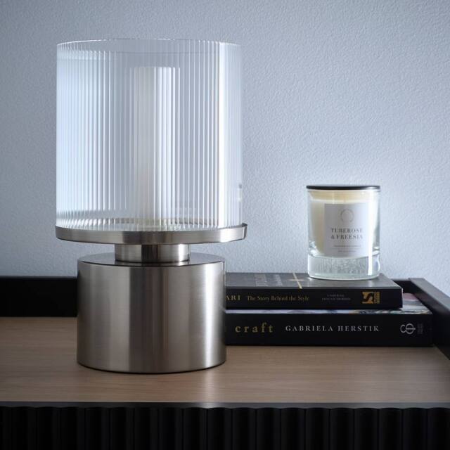 K LIVING Zoja Satin Nickel Table Lamp with Ribbed Glass Shade in Silver - image 1