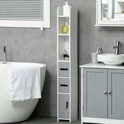 Kleankin Tall Bathroom Storage Cabinet Freestanding Linen Tower Cabinet in Grey - thumbnail 2
