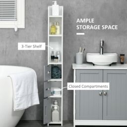 Kleankin Tall Bathroom Storage Cabinet Freestanding Linen Tower Cabinet in Grey - thumbnail 4