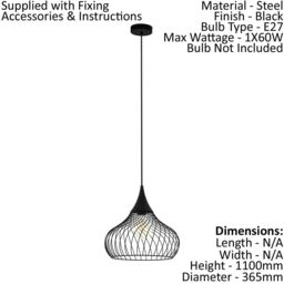 Loops Hanging Ceiling Pendant Light Black Steel Wire 1 x 60W E27 Hallway Feature - thumbnail 2