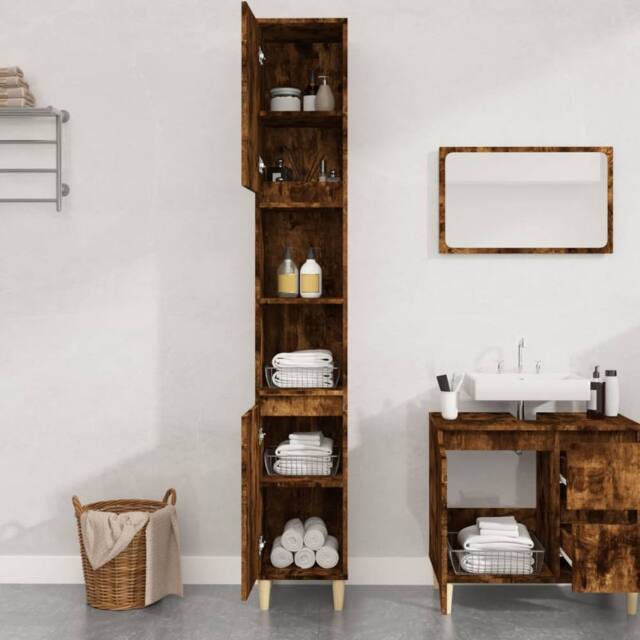Berkfield Home Durable Bathroom Cabinet Smoked Oak 30x30x190 cm Engineered Wood in Brown - Size: 30 x 30 x 190 cm - image 1