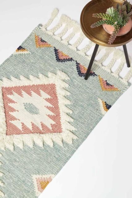 Homescapes Tenali Blue Kilim Runner Wool Rug 66 x 200 cm - Size: 66 cm x 200 cm - image 1