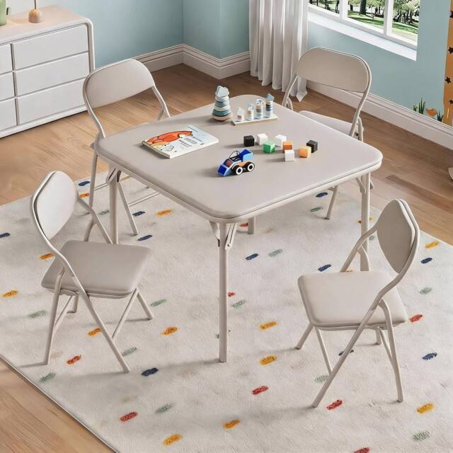 London Boutique 5PCS Kids Folding Table & Chair Set Dining Table &4 Upholstered Chairs in Beige - image 1