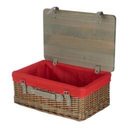 Red Hamper Antique Wash Red Lined Willow Empty Picnic Basket with Pinewood Lid - Size: Medium