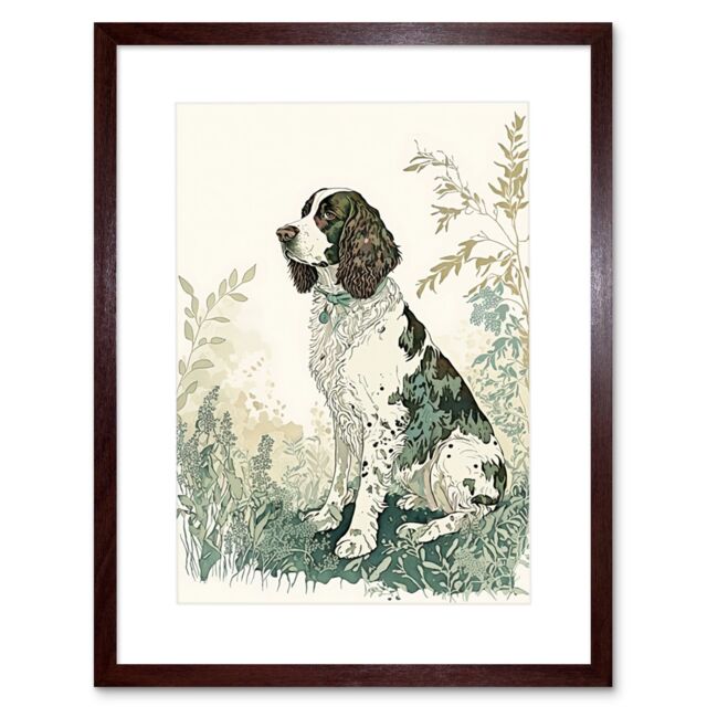 "Artery8 Wall Art Print English Springer Spaniel Dog in Field Modern Pastel Watercolour Artwork Framed 9X7 Inch in Brown - Size: W7"" x H9""" - image 1
