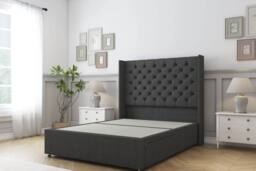 "Sloomy Dior Dumfries Divan Bed Base 2 Drawers - 54"" Wingback Headboard in Dark Grey - Size: Double" - thumbnail 1