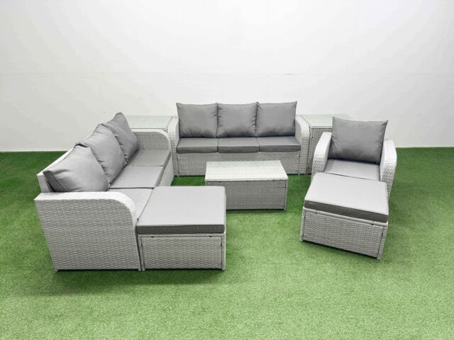 Fimous 9 Seater Poly Rattan Outdoor Garden Furniture Sofa Set Patio 3 Seater Sofa Reclining Chair 3 Seater Sofa 2 Big Footstools 2 Side Table Light - image 1