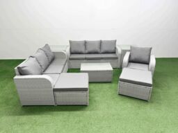Fimous 9 Seater Poly Rattan Outdoor Garden Furniture Sofa Set Patio 3 Seater Sofa Reclining Chair 3 Seater Sofa 2 Big Footstools 2 Side Table Light - thumbnail 2