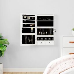 Berkfield Home Mirror Jewellery Cabinet with LED Lights Wall Mounted White - thumbnail 1