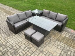 Fimous Outdoor Rattan Garden Furniture Sets Height Adjustable Rising lifting Dining Table Sofa Set with Side Table in Dark Grey - thumbnail 2