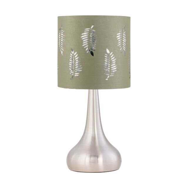 First Choice Lighting Romana - Brushed Chrome Touch Table Lamp with Sage Green Fern Shade in Silver - image 1