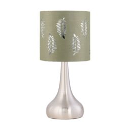 First Choice Lighting Romana - Brushed Chrome Touch Table Lamp with Sage Green Fern Shade in Silver
