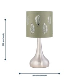 First Choice Lighting Romana - Brushed Chrome Touch Table Lamp with Sage Green Fern Shade in Silver - thumbnail 4