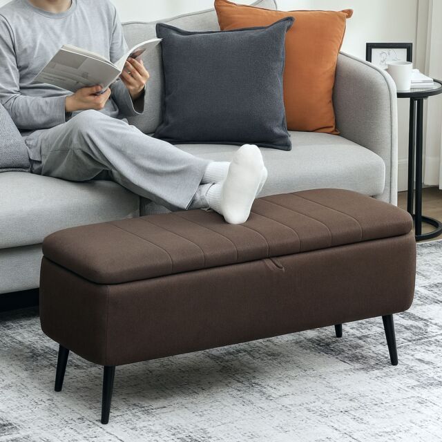 HOMCOM Storage Ottoman Bench, Linen Fabric Footstool with Steel Legs in Dark Brown - image 1