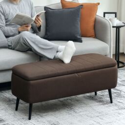 HOMCOM Storage Ottoman Bench, Linen Fabric Footstool with Steel Legs in Dark Brown - thumbnail 1