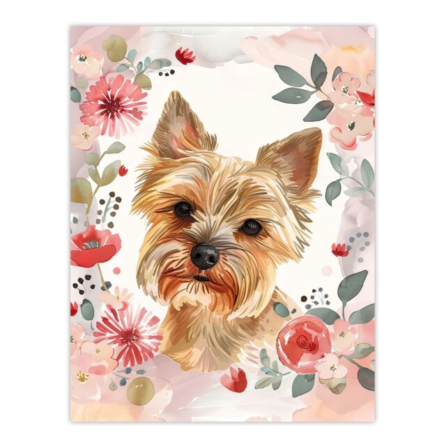 "Artery8 Cute Teacup Yorkshire Terrier Dog Pink Floral Wall Art Print - Size: W24"" x H32""" - image 1