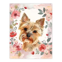 "Artery8 Cute Teacup Yorkshire Terrier Dog Pink Floral Wall Art Print - Size: W24"" x H32""" - thumbnail 1