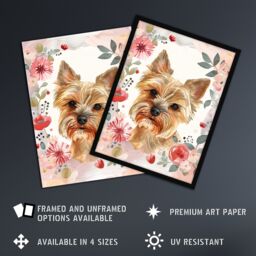 "Artery8 Cute Teacup Yorkshire Terrier Dog Pink Floral Wall Art Print - Size: W24"" x H32""" - thumbnail 2