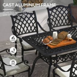 OUTSUNNY 7-PC Cast Aluminum Patio Dining Set w/ Umbrella Hole & Cushion in Black - thumbnail 4