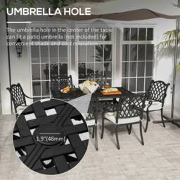 OUTSUNNY 7-PC Cast Aluminum Patio Dining Set w/ Umbrella Hole & Cushion in Black - thumbnail 5