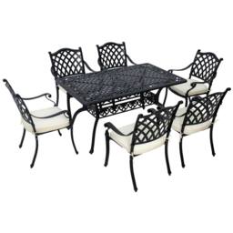 OUTSUNNY 7-PC Cast Aluminum Patio Dining Set w/ Umbrella Hole & Cushion in Black - thumbnail 2