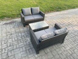 Fimous Wicker Rattan Garden Furniture Sofa Set with Rectangular Coffee Table Double Seat Sofa 4 Seater Outdoor Rattan Set in Dark Grey - thumbnail 1