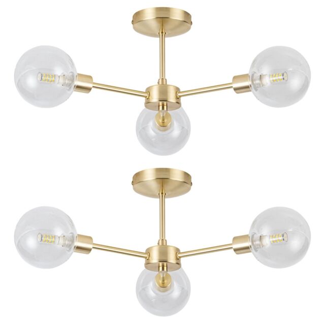 First Choice Lighting Set of 2 Toner - Satin Brass with Globes 3 Light Flush Ceiling Lights in Gold - image 1