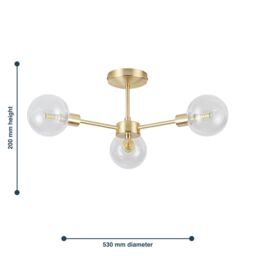 First Choice Lighting Set of 2 Toner - Satin Brass with Globes 3 Light Flush Ceiling Lights in Gold - thumbnail 7