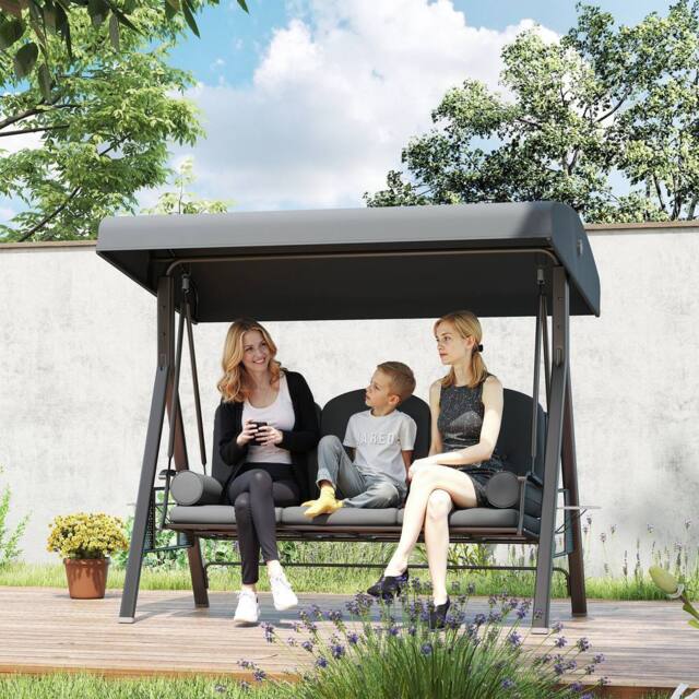 OUTSUNNY 3 Seat Garden Swing Chair Patio Steel Swing Bench w/ Cup Trays in Grey - image 1