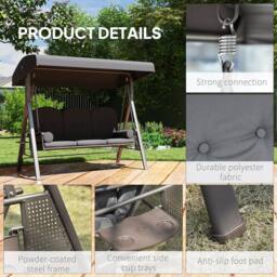 OUTSUNNY 3 Seat Garden Swing Chair Patio Steel Swing Bench w/ Cup Trays in Grey - thumbnail 6