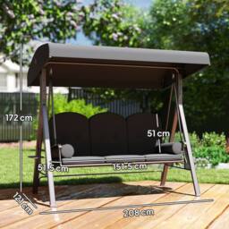 OUTSUNNY 3 Seat Garden Swing Chair Patio Steel Swing Bench w/ Cup Trays in Grey - thumbnail 3