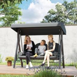 OUTSUNNY 3 Seat Garden Swing Chair Patio Steel Swing Bench w/ Cup Trays in Grey - thumbnail 1