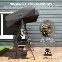 OUTSUNNY 3 Seat Garden Swing Chair Patio Steel Swing Bench w/ Cup Trays in Grey - thumbnail 4