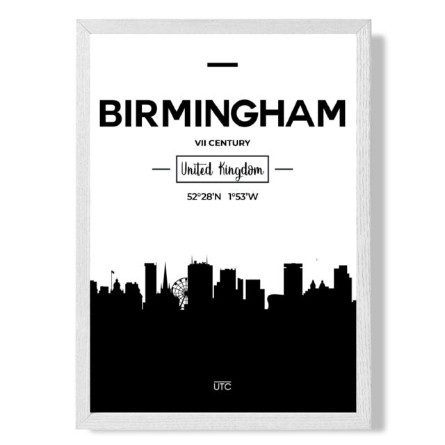 ARTZE Birmingham Black & White City Skyline Framed Print SIZE: A2 with White Frame - Size: A4 - image 1