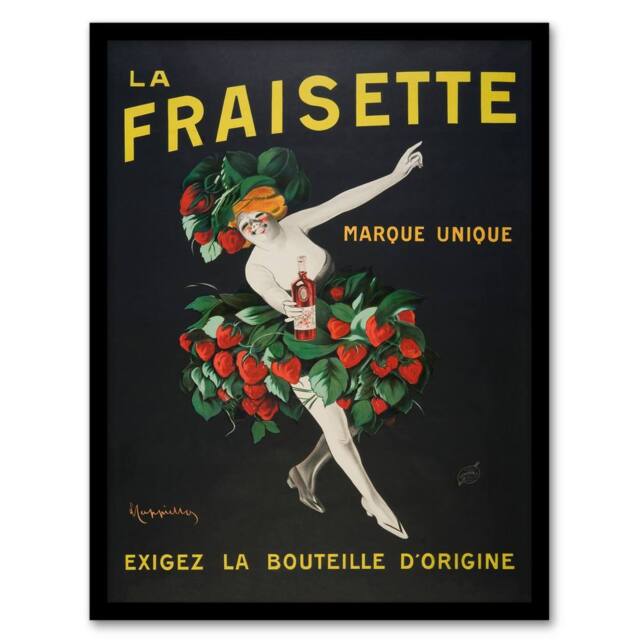 Artery8 Leonetto Cappiello Framed Wall Art Fraisette Strawberry Liqueur Vintage Advert in Black - Size: A4 - image 1