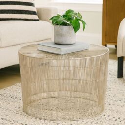 Orsina Silver Small Cage Round Table, Iron Strips Coffee Table, Durable End Side Table for Indoor, Outdoor Spaces