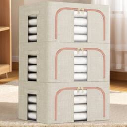 SPETLEK 3Pcs Foldable Storage Boxes Large Folding Clothes Beige - thumbnail 1
