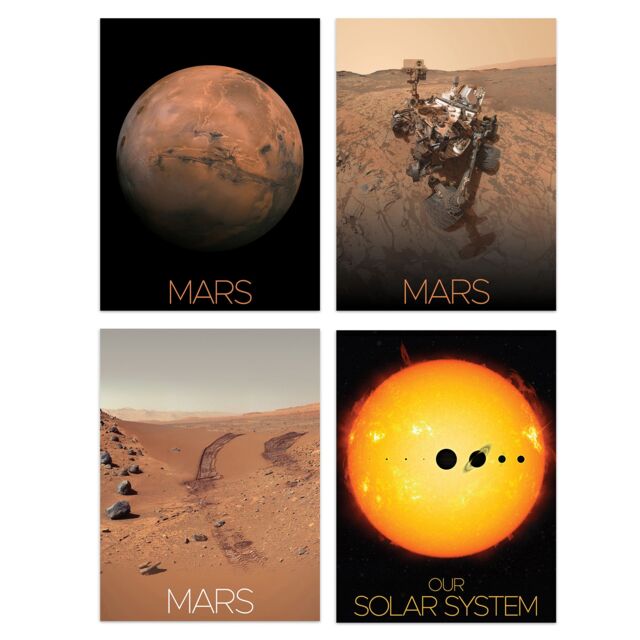 Artery8 Pack of 4 NASA Our Solar System The Sun & Mars Images Curiosity Rover Red Planet Surface Exploration Unframed Wall Art Living Room Prints Set - image 1