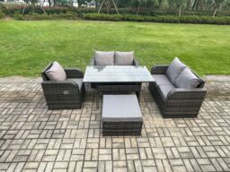 Fimous Lounge Rattan Sofa Set Outdoor Garden Furniture Oblong Rectangular Dining Table With Chairs Big Footstool Dark Grey Mixed - thumbnail 1