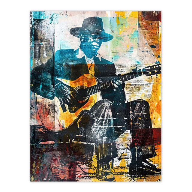 "Artery8 Blues Music Guitar Player Upcycle Painting Wall Art Print - Size: W24"" x H32""" - image 1