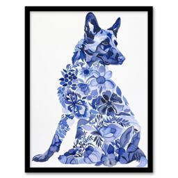 "Artery8 Dog Lover Floral Alsatian Blue Watercolour Framed Wall Art - Size: W12"" x H16""" - thumbnail 1