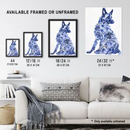 "Artery8 Dog Lover Floral Alsatian Blue Watercolour Framed Wall Art - Size: W12"" x H16""" - thumbnail 3