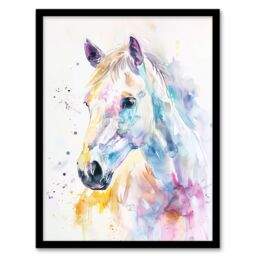 "Artery8 Colourful Horse Head Portrait Modern Watercolour Framed Art Print - Size: W12"" x H16""" - thumbnail 1
