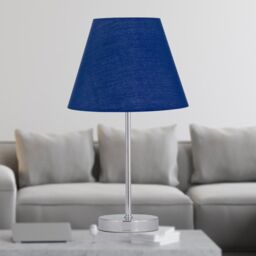 First Choice Lighting Chrome Stick Table Lamp with Navy Blue Fabric Shade in Silver - thumbnail 2
