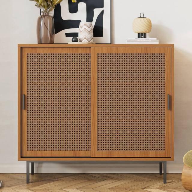 BTM Sideboard Kitchen Cabinet Storage Cupboard Rattan Barn Doors in Brown - image 1