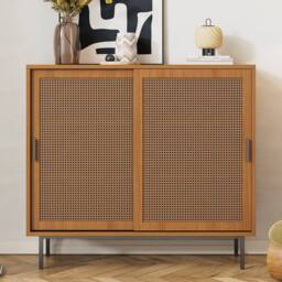 BTM Sideboard Kitchen Cabinet Storage Cupboard Rattan Barn Doors in Brown