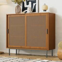 BTM Sideboard Kitchen Cabinet Storage Cupboard Rattan Barn Doors in Brown - thumbnail 2